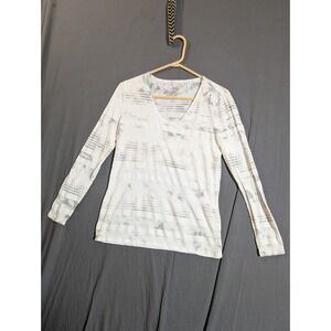 Calvin Klein Women's long-sleeve, V-neck t-shirt with a gray tie-dye pattern M